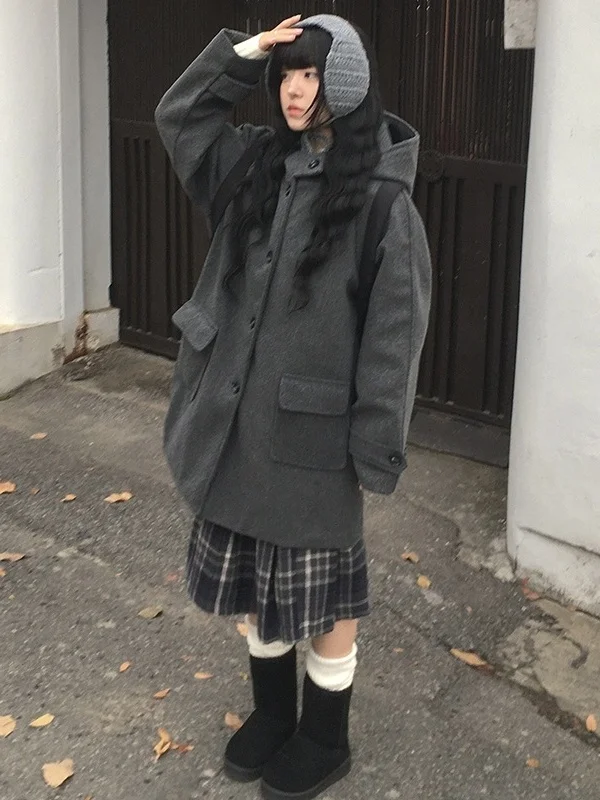 Chic hiver Aosphere rétro collège Sle à capuche simple bouton coton laine manteau femmes nouveau Faion Thiened Long Sve