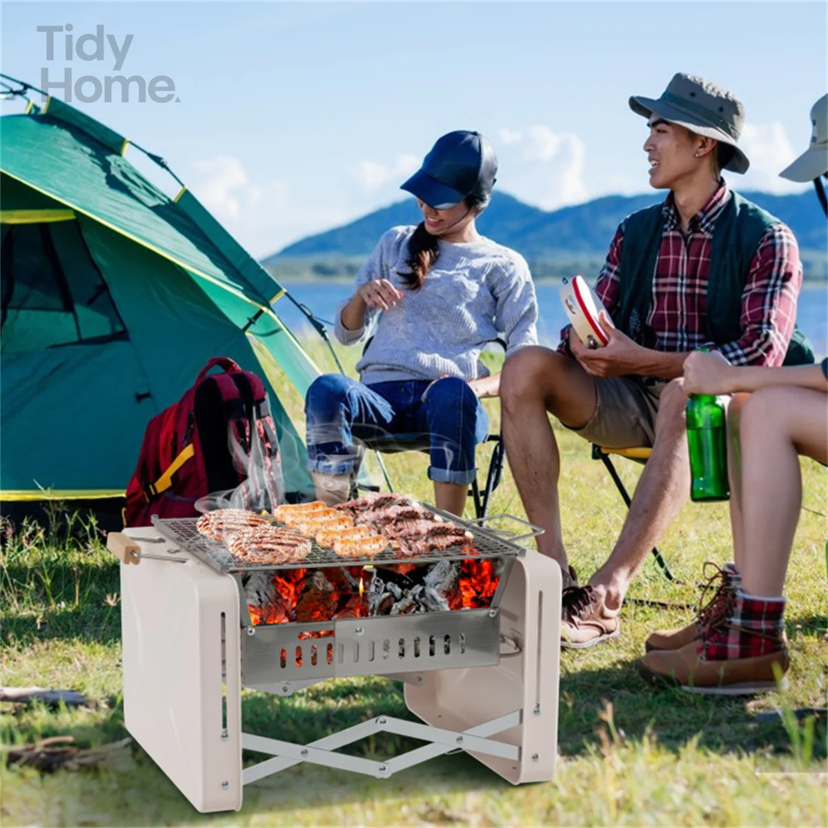 

User-friendly Outdoor BBQ Grill with 2stainless steel grill grids,portable charcoal stove,for camping,backpacking,picnics,beige