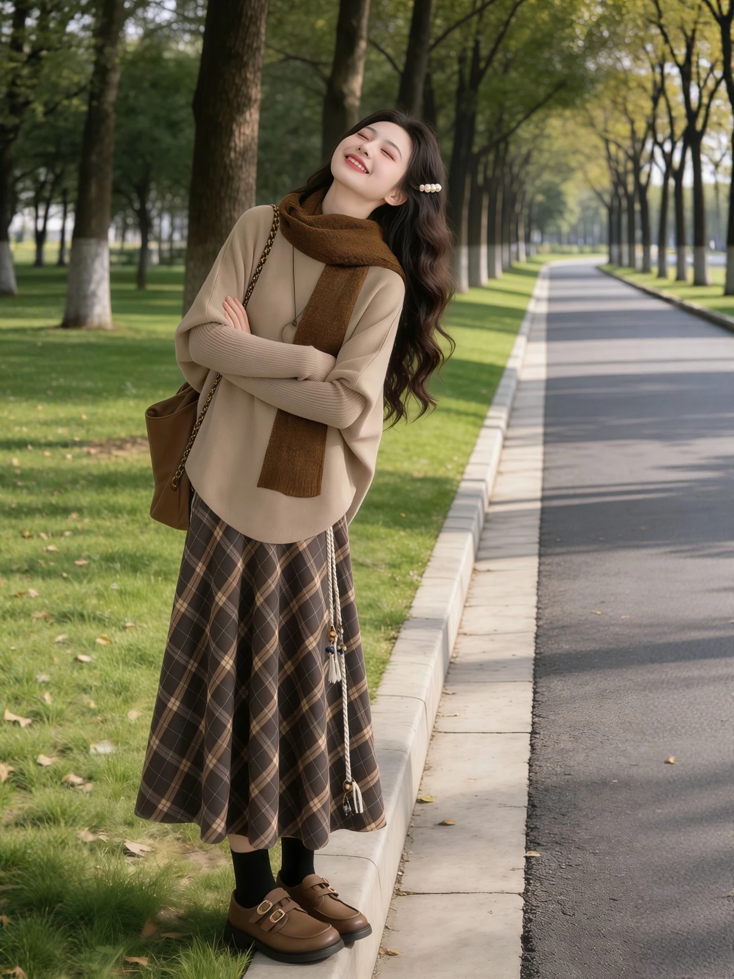 

plus Size Autumn Winter Knitwear Top And Plaid Skirt Set Women's Faion Retro Sle Warm Polyester Two-Piece Suit