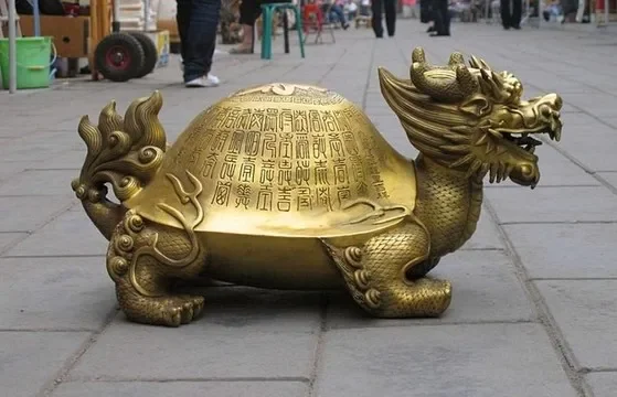 China Brass Longevity calligraphy Dragon Turtle tortoise Lucky Fengshui statues