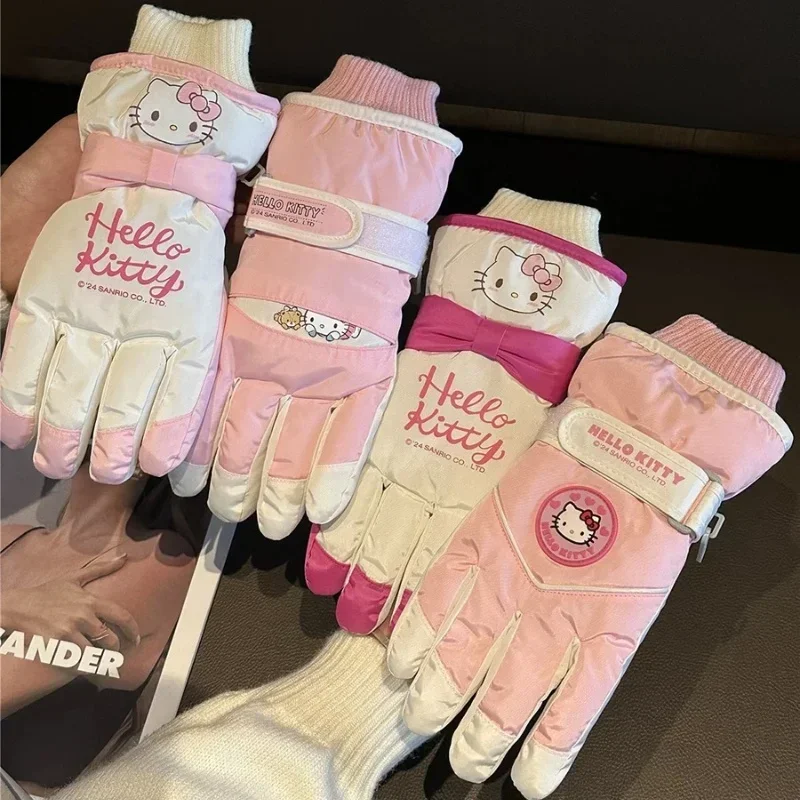 Anime Sanrio Hello Kitty Ski Glove Kuromi Kid Winter Warm Gloves Kawaii Snowboard Thicken Gloves Waterproof Non-Slip Sport Glove