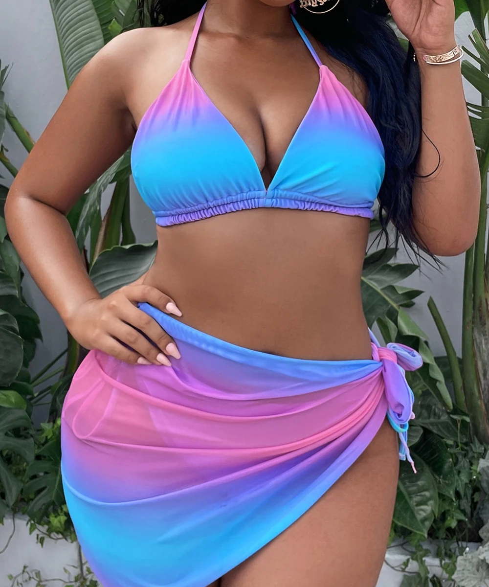 

2025 Plus Ombre Triangle Bikini & Beach Skirt Swimsuit Women Large Size Swimwear Female Bathers Bathing Swimming Suit Beachwear