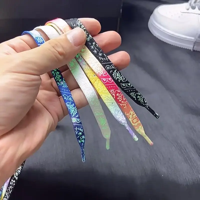 Fluorescent Shoelaces Glow in the Dark Cashew Flower Pattern Gradient Wide Flat Shoe laces for Sneakers Boot Strings Shoelace