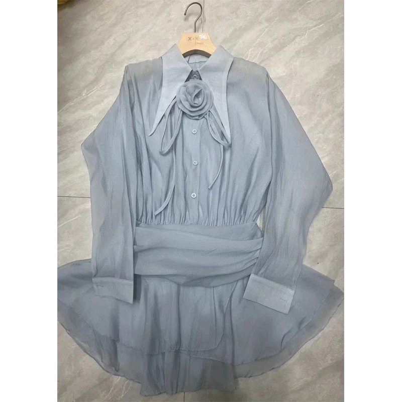 2025 New See-Through Tierred Dress Woman Summer Solid Turn-Down Collar Shirt Ruffles Chic Long-Sleeve Chiffon Party Bodycon