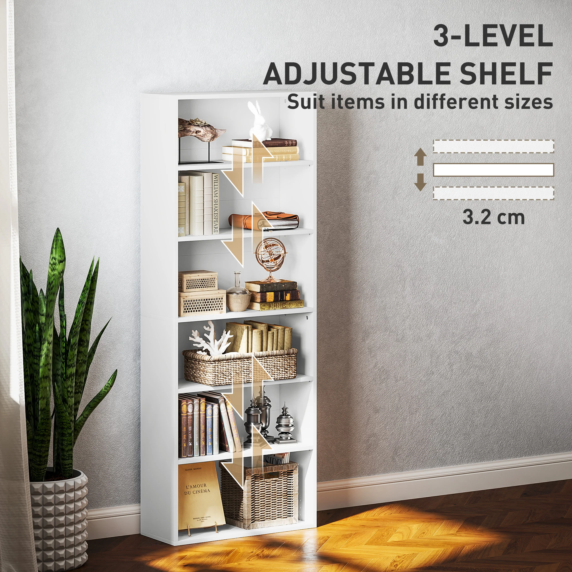 HOMCOM 6 Tier Bookshelf, Freestanding Bookcase with Adjustable Shelves, White