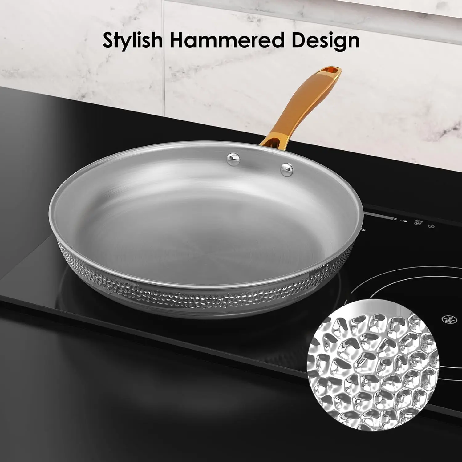 Stainless Steel Pots And Pans Set, Tri-Ply Hammered Kitchen Cookware With Glass Lids, Induction Compatible, Non-Coated,