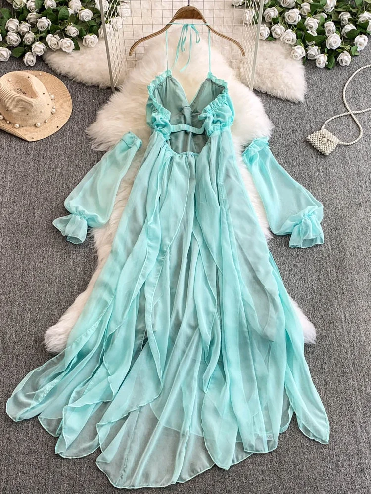 ロマンチックな夏の新しいスタイルの女性の休日のドレス純粋な欲望シフォンホルターネックロングスカートおとぎ話の雰囲気ベルスリーブ