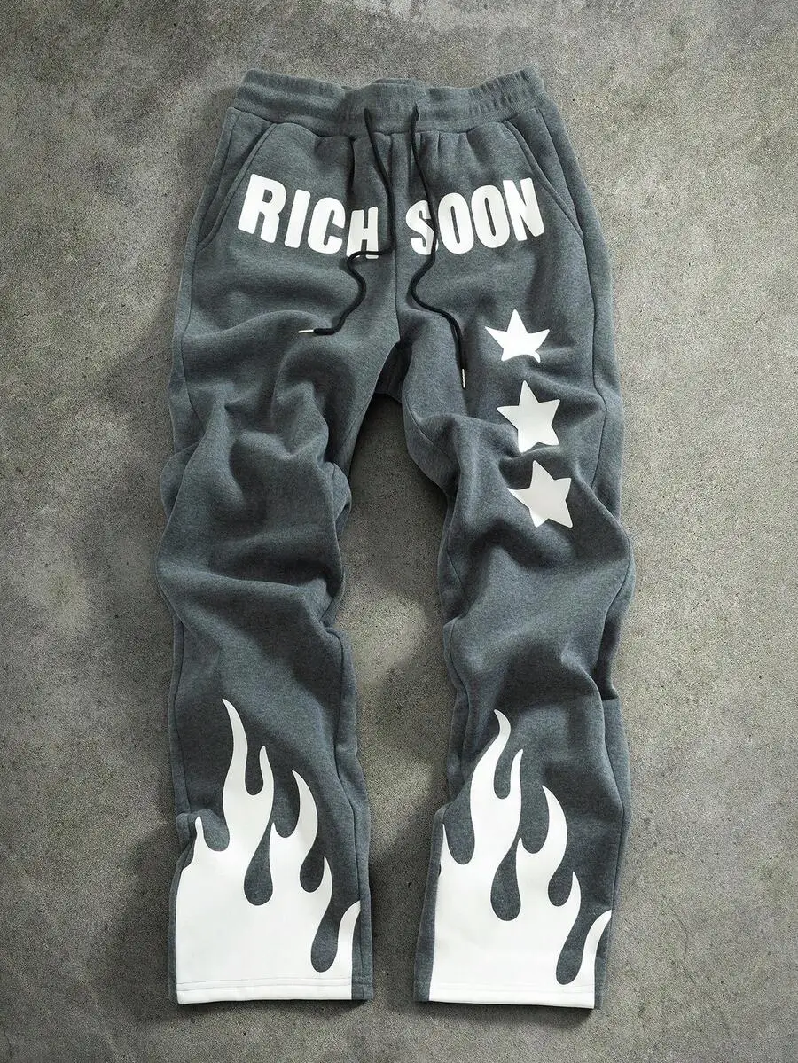 

Men's Gray Contrast Flame Print Casual Sweatpants with Star Graphic Loose Fit