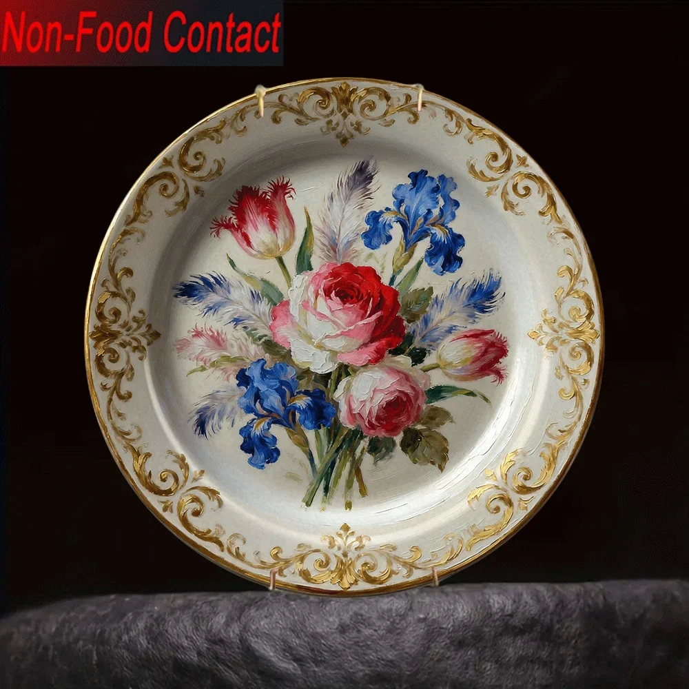 2D Flat, 1pc Elegant Floral Ceramic Decorative Plate - Non-Food Contact Tabletop Decor with Red Roses, Pink Tulips, Blue Iris -