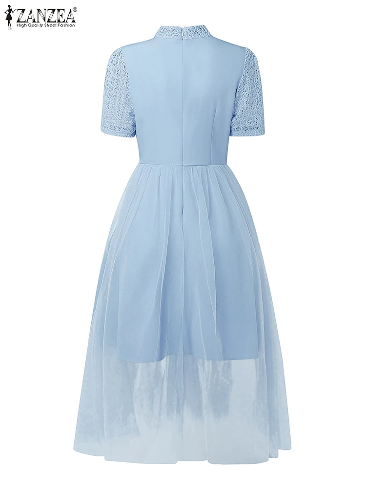 Zanzea elegante vestidos de festa para mulheres manga curta gola vestidos longos malha retalhos arco casual renda maxi vestido de verão robe
