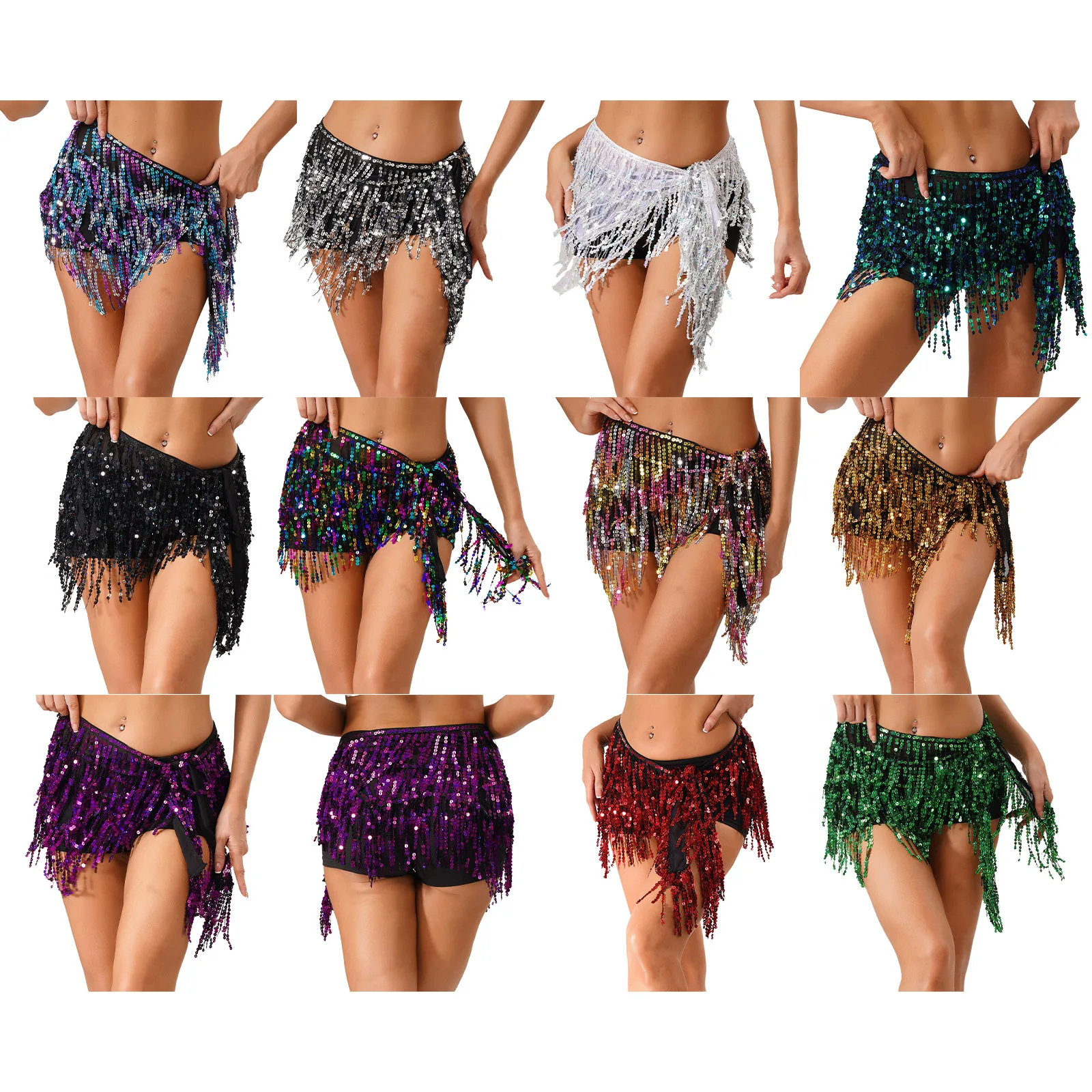 Glittery Women Belly Dance Sequin Tassel Skirts Hip Scarf Waist Chain Tiered Fringe Wrap Skirt Jazz Latin Chacha Dance Costume
