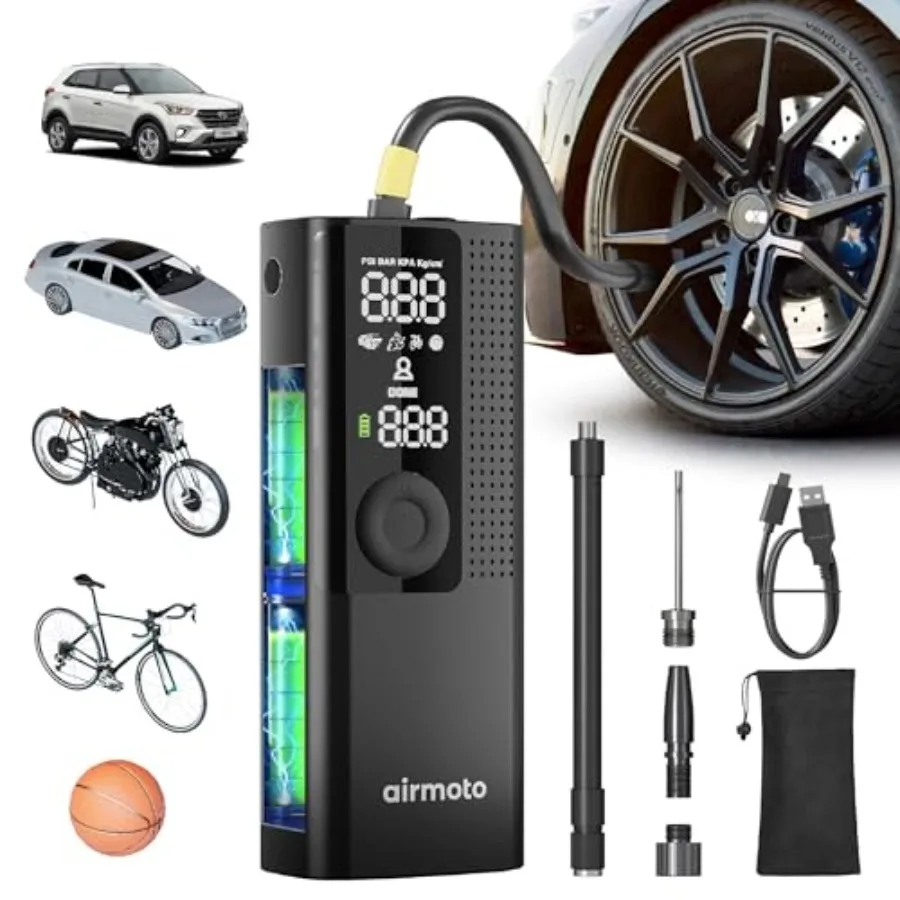 

Tire Inflator Portable Air Compressor - Air Pump For Car Tires with Digital Pressure Gauge LED Light and Auto Shut-Off Function
