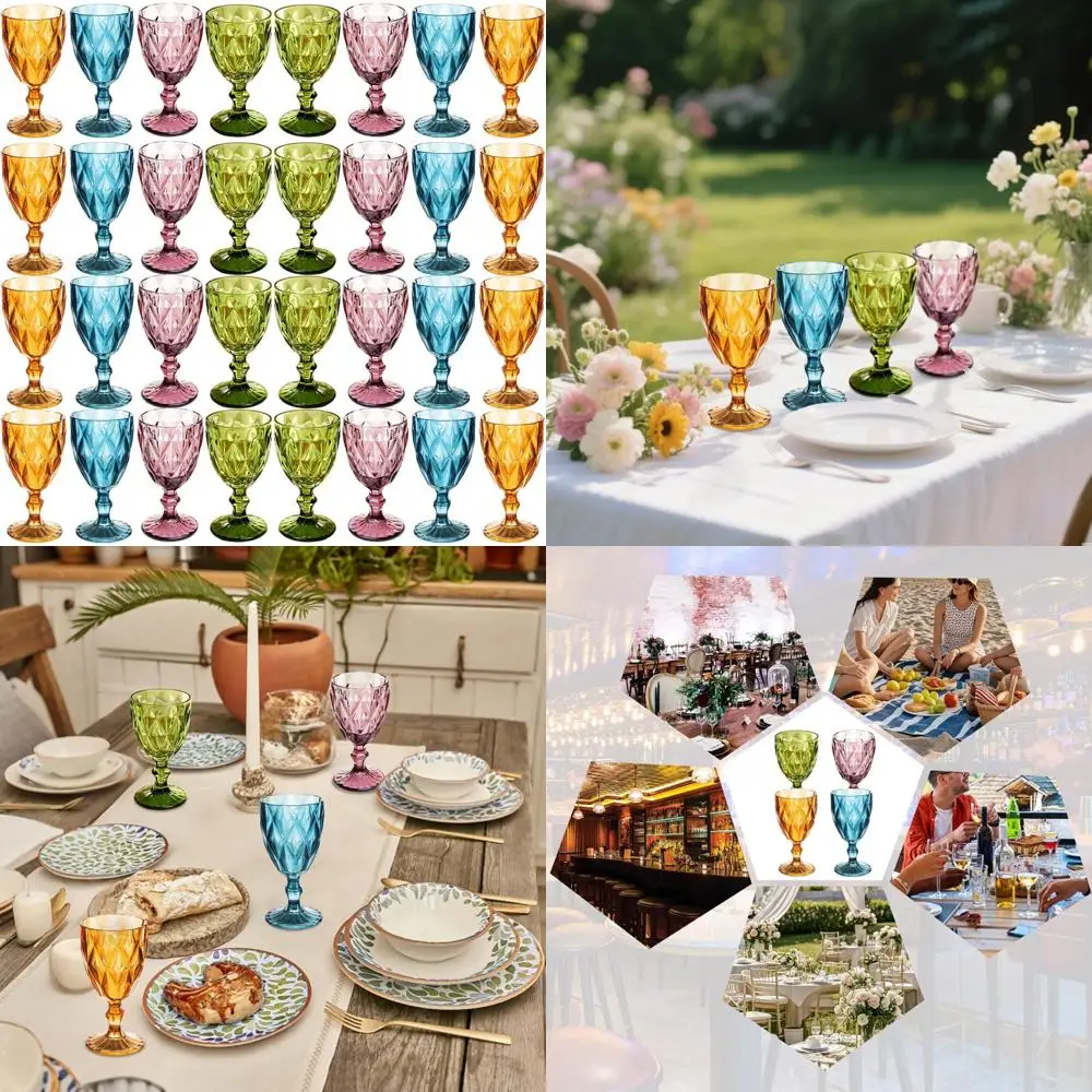 

Винтажные многоразовые пластиковые бокалы для вина, 32 предмета, цветные бокалы на стебли на 12 унций с тисненым узором, небьющиеся для уникального дринга
