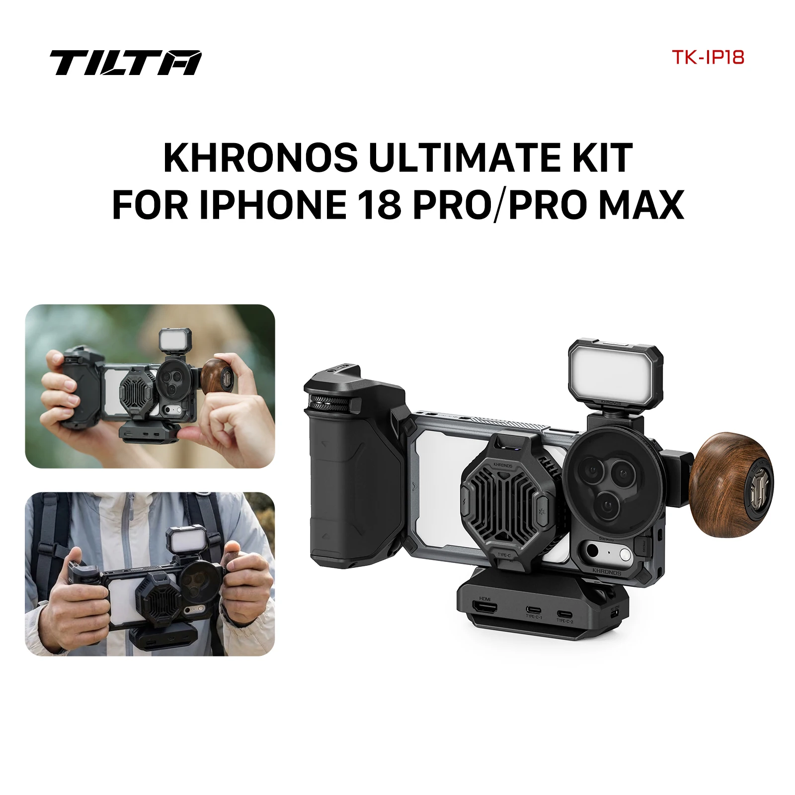 TILTA Khronos Cage-Set für iPhone 18 Pro/Pro Max mit Focus PD-Griff, 58-mm-T-Mount-Objektivfilter und magnetischer Rückplatte