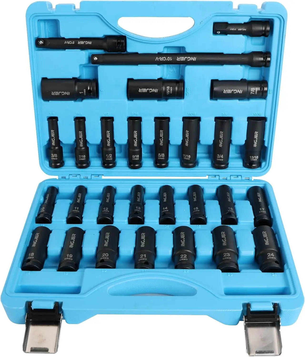 Juego de 29 Llaves de Impacto de 1/2'', SAE y Métricas, Estándar y Profundas con Barras de Extensión, Acero CR-MO, Alto Torque para Camiones