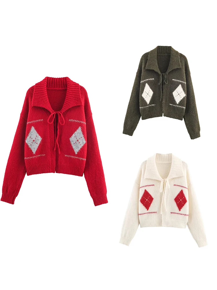 

European and American style autumn new women's fashion versatile knitted retro diamond pattern lapel tie cardigan