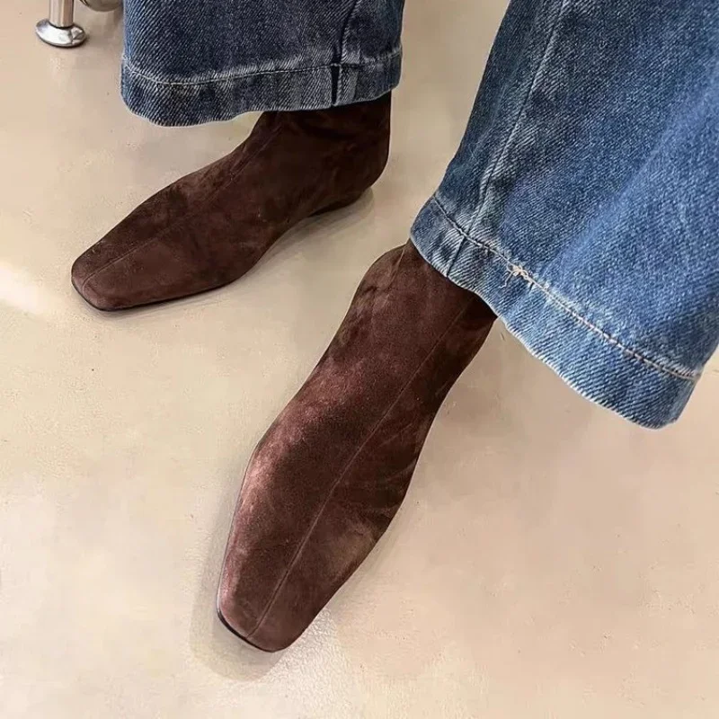 Flats Ankle Boots Suede Warm Women Shoes Winter Brand Square Toe Casual Chelsea 2025 Trend Low Heels Snow Boots Mujer Zapatos