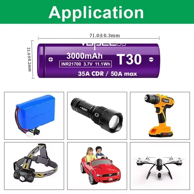 Batteria originale Vapcell T30 INR21700 3000mah CDR 35A Max 50A 3.7V Grado A 21700 Cella ricaricabile agli ioni di litio per torcia elettrica