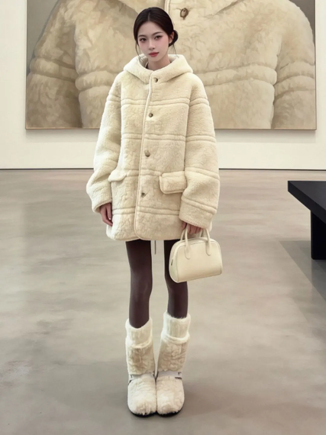 

Свободное шерстяное пальто средней длины с модным дизайном капюшона, удобная зимняя верхняя одежда для молодых женщин, повседневный стиль.