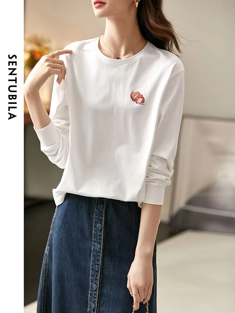 SENTUBILA Long Sleeve Print T-Shirts for Women 2024 Spring Autumn Fashion Round Neck Straight Loose White Tee Shirts Casual Tops