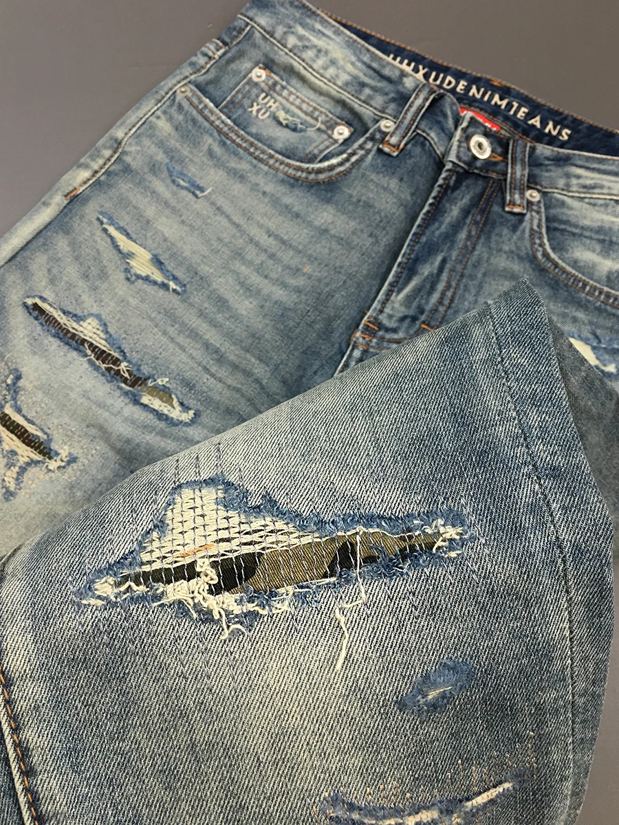 Vintage Ripped Stretch Denim Jeans for Men - Summer Lightweight American High-Street Fashion Slim Straight-Cut Cropped Pants