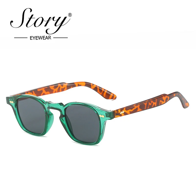 STORY Classic Vintage Leopard Square Rivet Sunglasses Men New Design Trending Colorful Blue Lens Tortoiseshell Sun Glasses Women