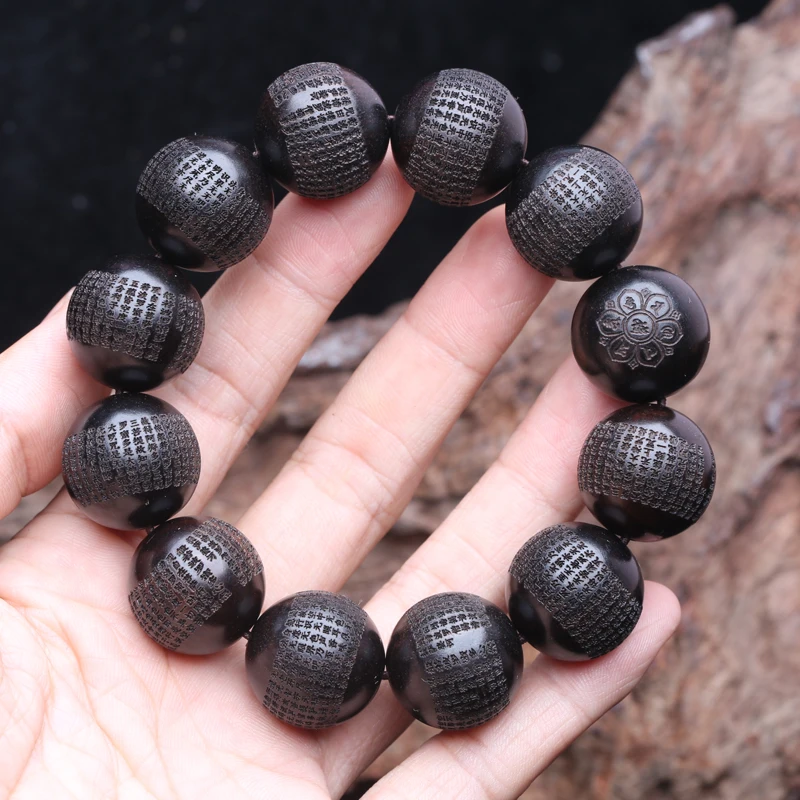 Echte natürliche schwarze Holzperlen aus tibetischem Ebenholz, 20 mm mm, Gebetsmühle, Armband für Herren, klassisch – Detail 8