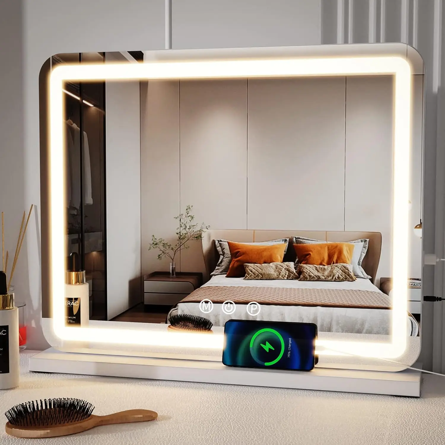 23 Inch Large Makeup Mirror with LED Lights, Smart Touch Dimmable 3-Color Light, Memory Function, USB Charging Port