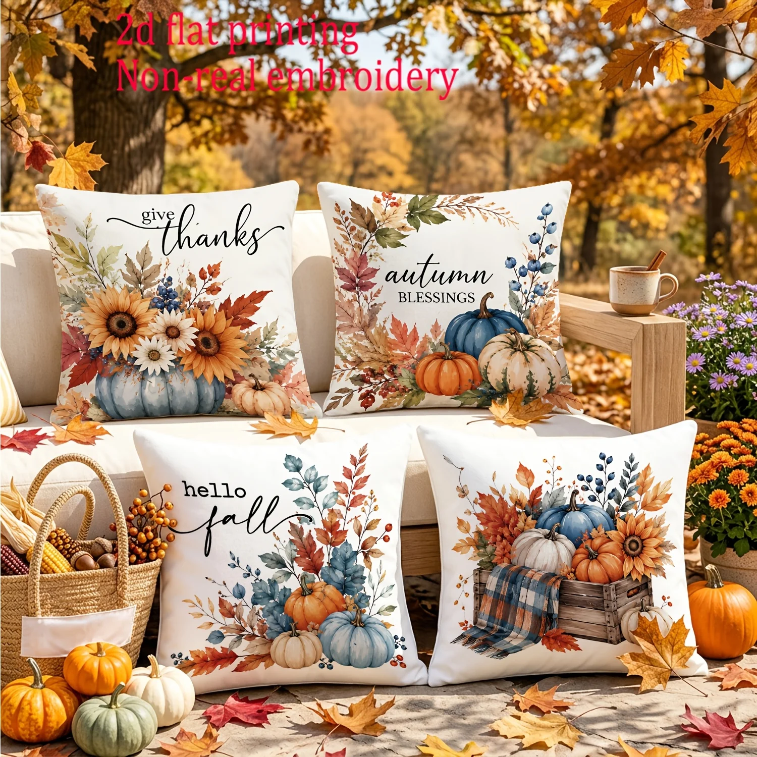 4 Pack Autumn Fall Print Pillow Covers Set Sunflower Pumpkin Thanksgiving Seasonal Floral Decor Polyester Throw Cushions
