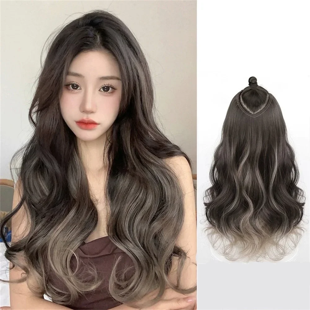 

synthetic wig Highlighted Aoki Gray Fluffy Long Curly Seamless Wig Natural One Piece wavy Increases Volume Hair Extension