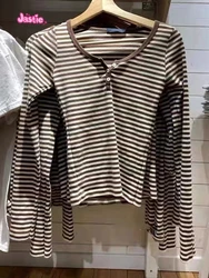 Vintage Brown Striped Slim T-shirts Women 2024 Summer Y2k Streetwear Round Neck Long Sleeve T Shirt Harajuku Casual Cotton Tops