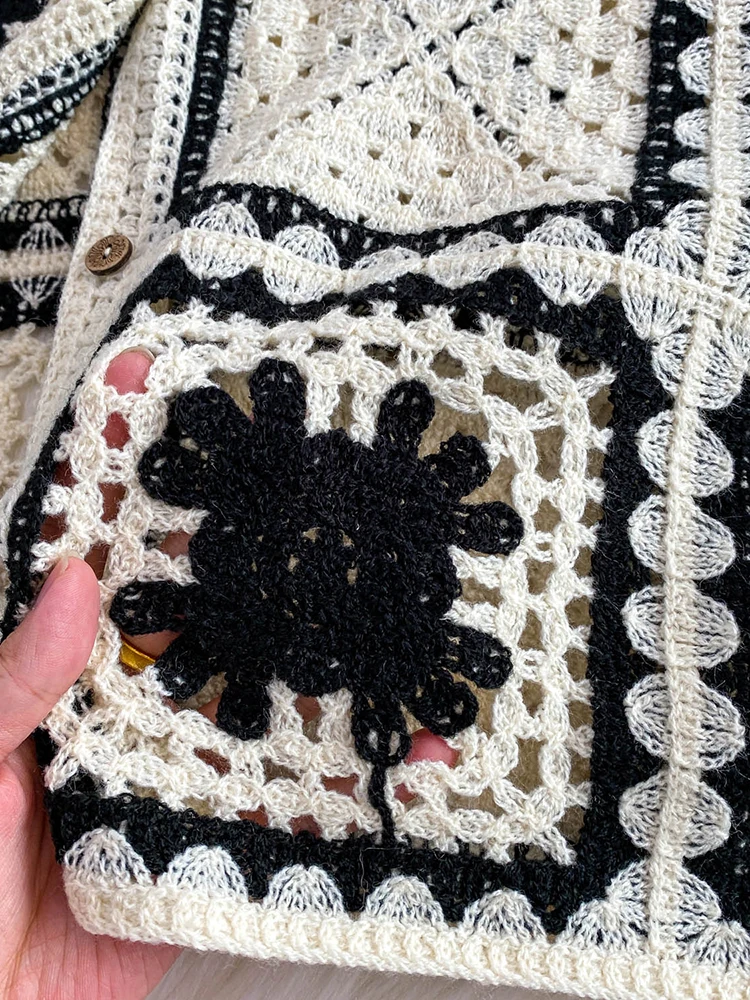 เสื้อคาร์ดิแกนผู้หญิงสไตล์โบฮีเมียนถักลายดอกไม้แบบโปร่ง คอปกพับได้ สีสันสดใส รุ่นใหม่สำหรับฤดูใบไม้ร่วง รุ่น CG020