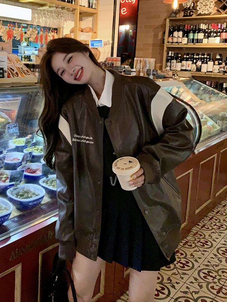 Baseballjacken Leder Damenmode Ärmel Softshell-Taschen Retro Langarm Kpop Life Fishbone Prints Beflockung Fleeced