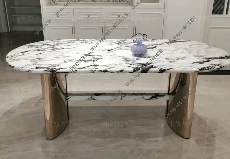 W French Stainless Steel Marble Dining Table High-end Household Oval Light Luxury Designer