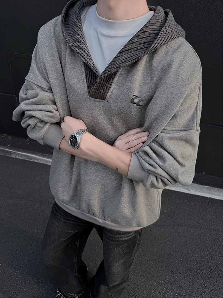 

American Style Heavyweight V-Neck Knitted Hoodie Unisex Autumn Casual Loose Fit Versatile Couple's Sweater Polyester Fiber