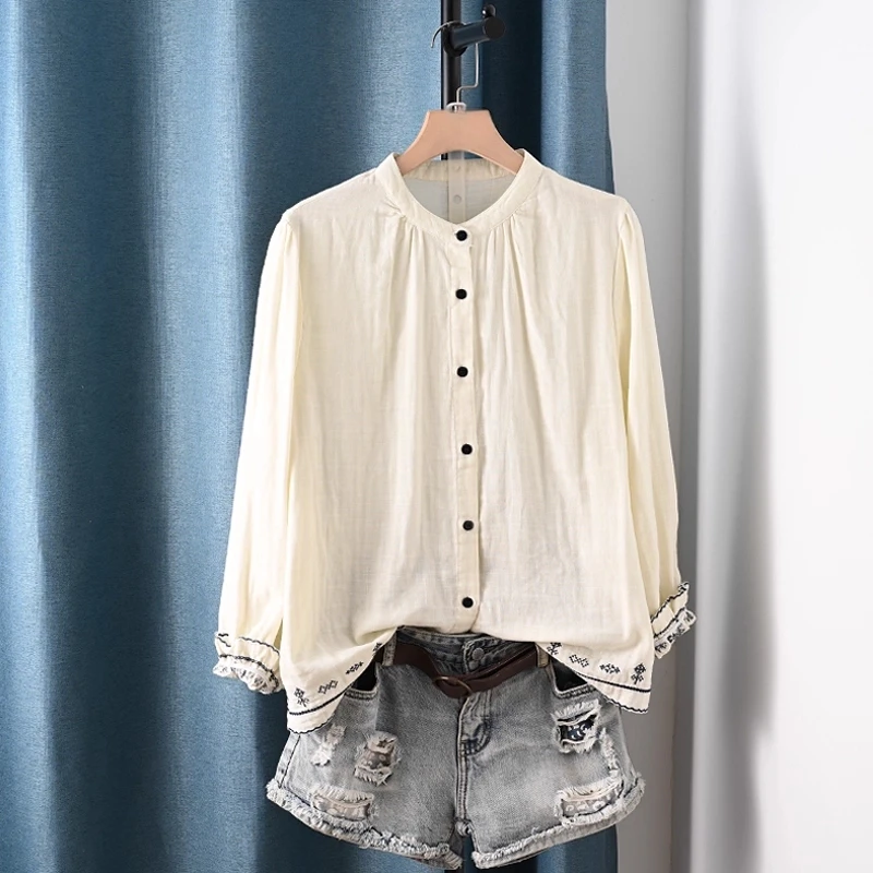 

Enianechu Youth Women's Blouses 100% Cotton White Beige Ethnic Embroidered Shirts for Women Autumn Long Sleeve Tops