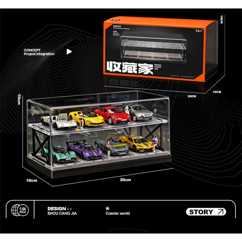 1:64 Double-decker Parking Garage Scene Model Collection Car Box Assembled Dust Cover Storage Display Stand Ornaments