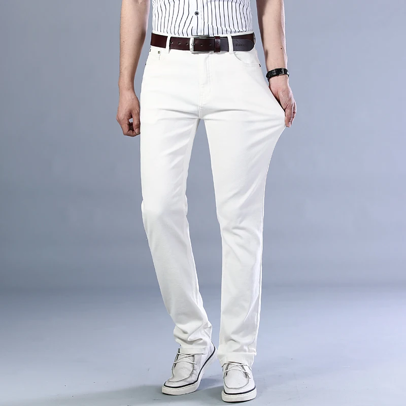 Jeans bianchi puri moda autunno da uomo elastico sottile gioventù che dimagrisce gamba dritta Business Casual pantaloni di fascia alta di mezza età maschile