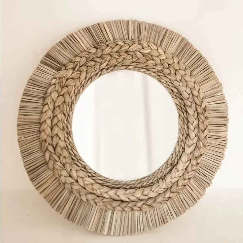

Round vintage decorative natural wicker wall-mounted mirror