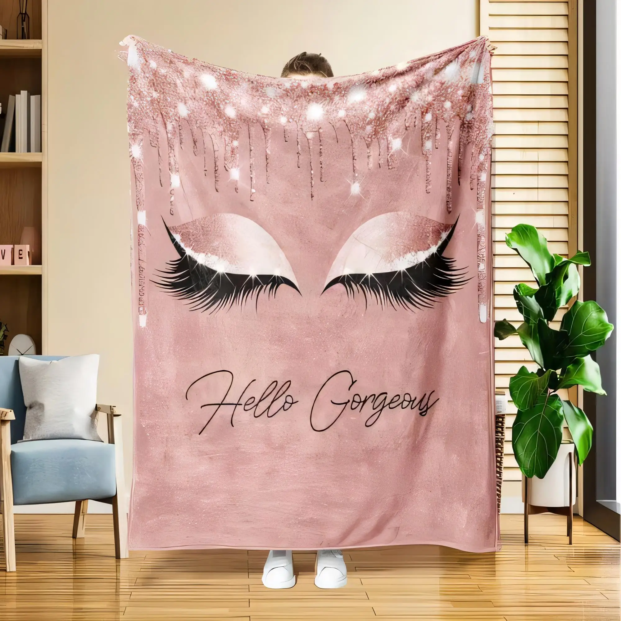 

Stylish Pink Blanket with Glamorous Design featuring Closed Eyes, Long Black Eyelashes, Sparkling Rose-Gold Drizzle and 'Hello G