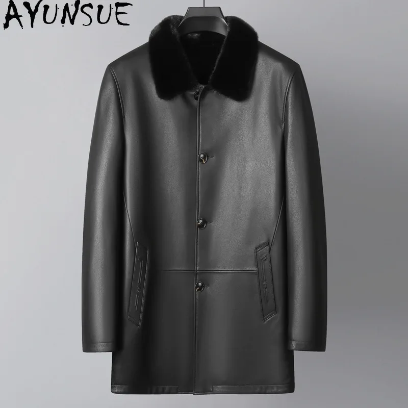 

AYUNSUE Real Goatskin Genuine Leather Man Jackets 2025 Mid-long Winter Clothes Natural Whole Mink Fur Coat Men New in Outerwears