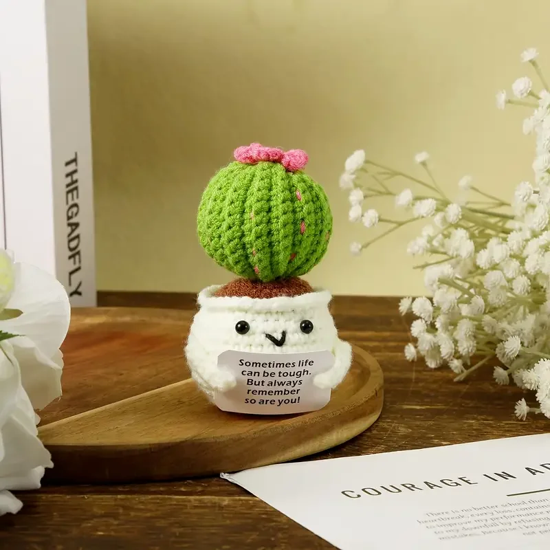 Adorable Handmade Knitted Cactus Toy - Cute Emotional Positive Life Doll with Encouraging Card, Friends, Room, Unique Gift Idea