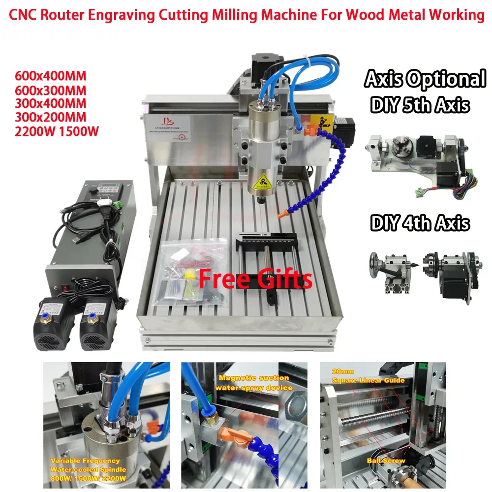 6040 Milling Machine 4&5 Axis 3040 Wood Engraving Cutting Machine 2.2/1.5KW Water Cooling Metal Engraver Cutter With Water Tank