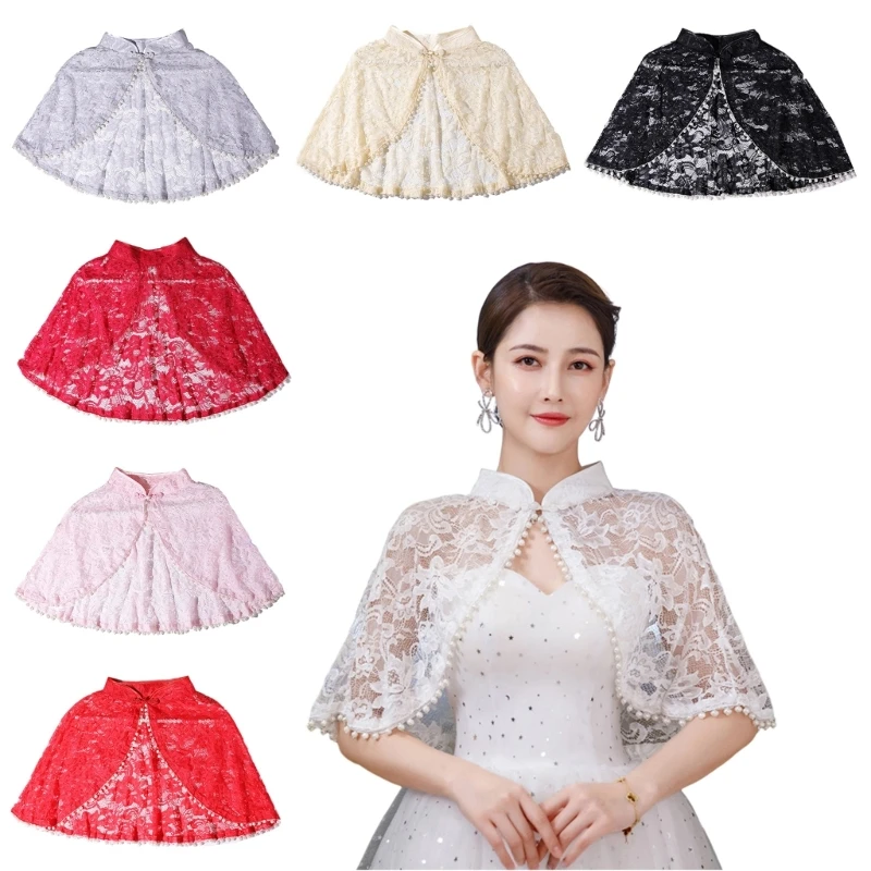 

Tassels Lace Floral Shawl Wrap for Female Women Cheongsam Cloak Party Accessory