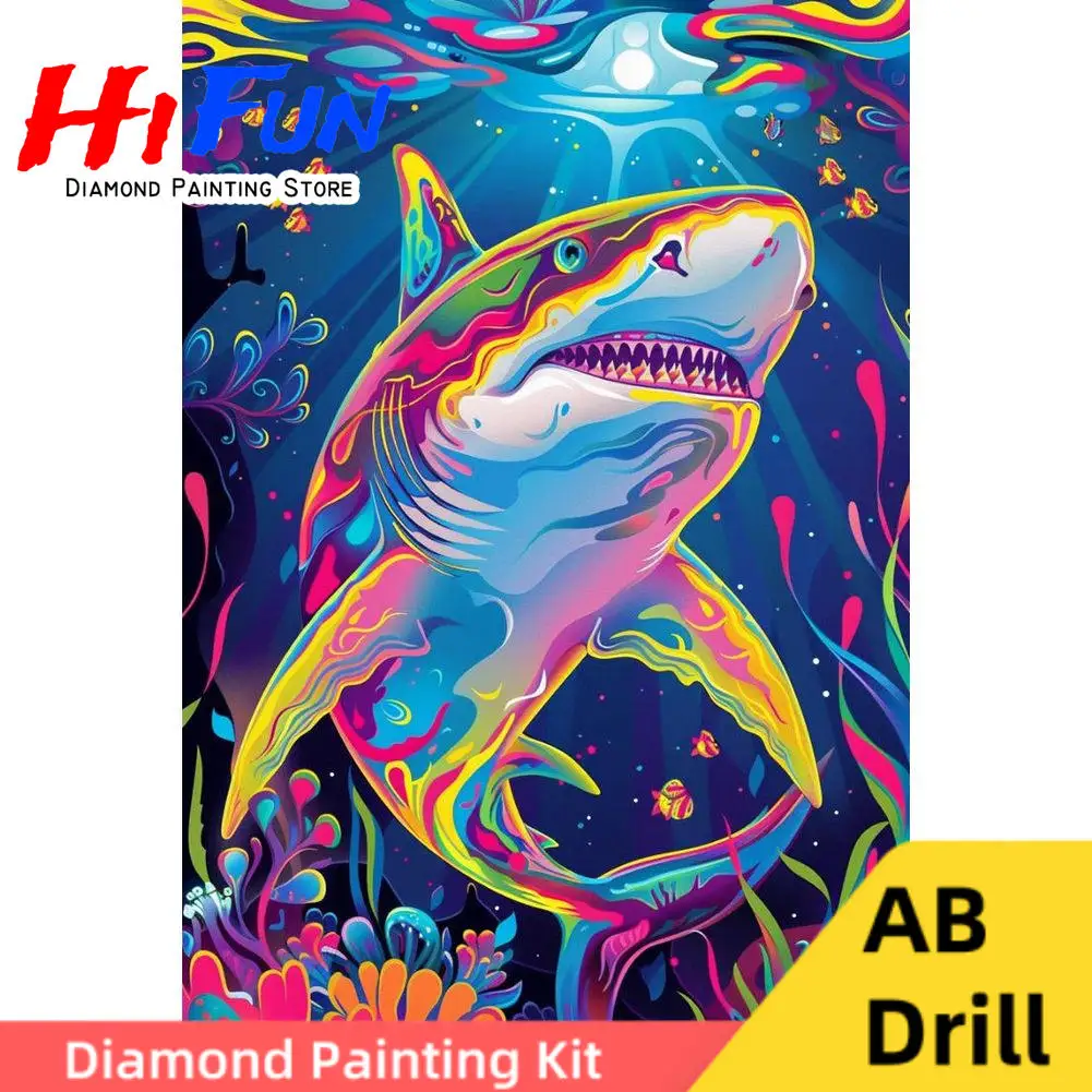 

Angry White Shark Painting AB Drill Diamond Painting Art Great White Shark Mosaic Cross Stitch Diy Gift Ocean Beach House Decor