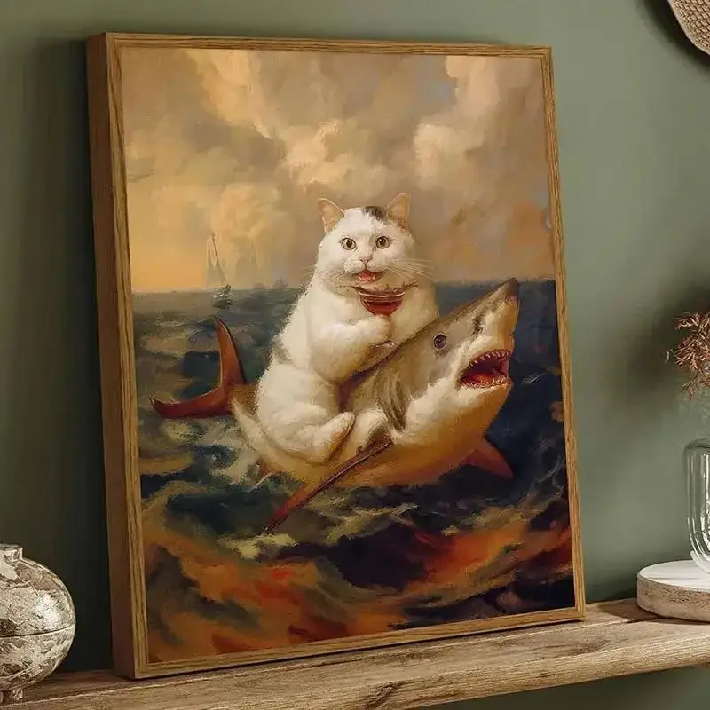 Funny Bathroom Cat Canvas Wall Art Fat Cat Riding a Shark Poster Print for Home Decoration