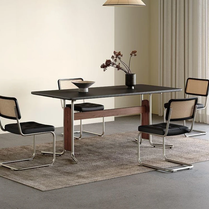 Premium wind solid wood stainless steel foot dining table black household small apartment modern and simple