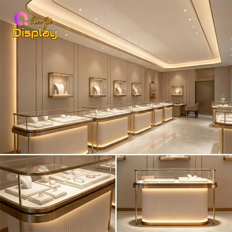 custom.Professional Modern Eco-Friendly Jewelry Desk Display Unit LED Lighting Customizable Glass Showcase Jewelry Retail St