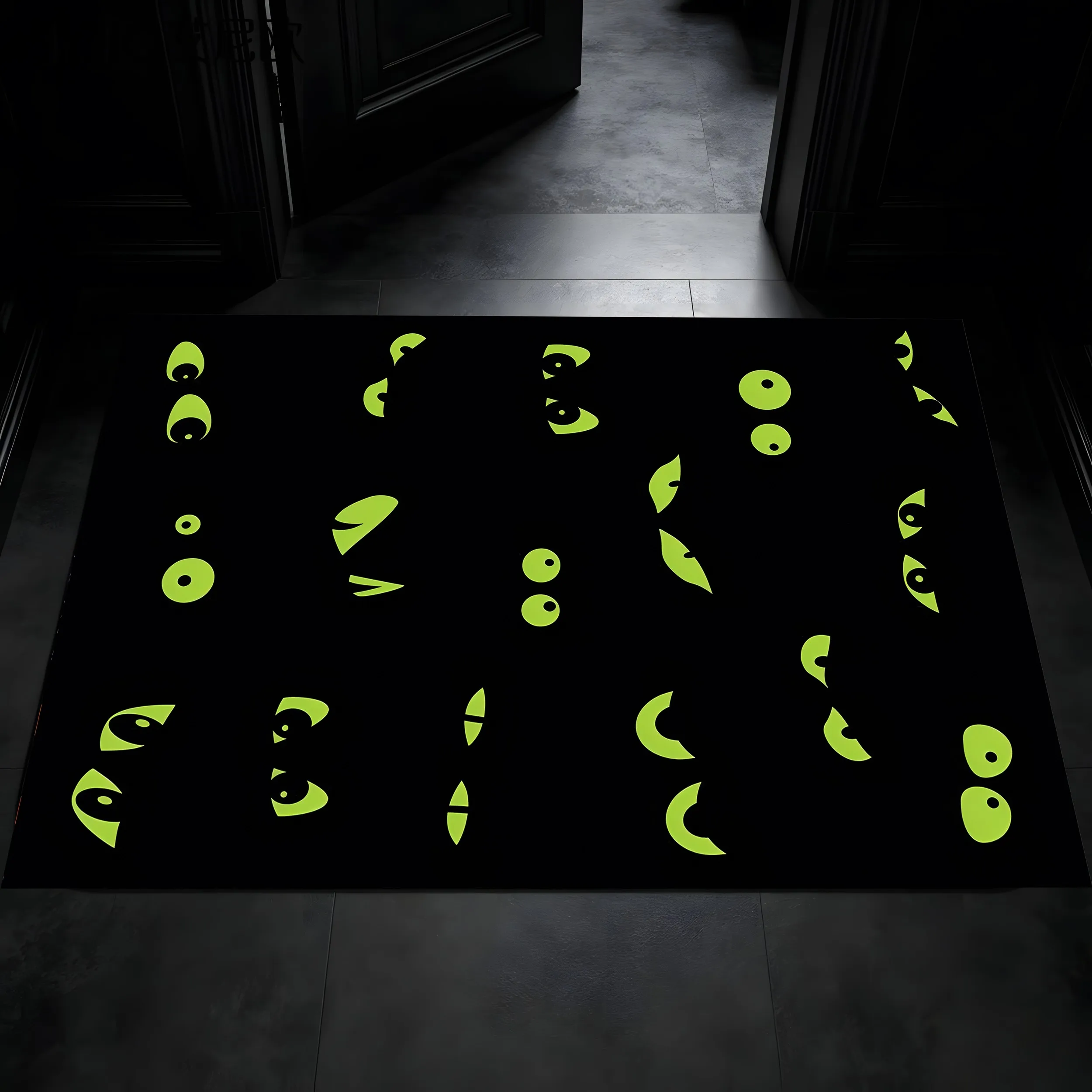 Velvet Fluorescent Green Eye Pattern Dark and Quirky 2D Rug for Living Room Bedroom Party Decoration Halloween Atmosphere