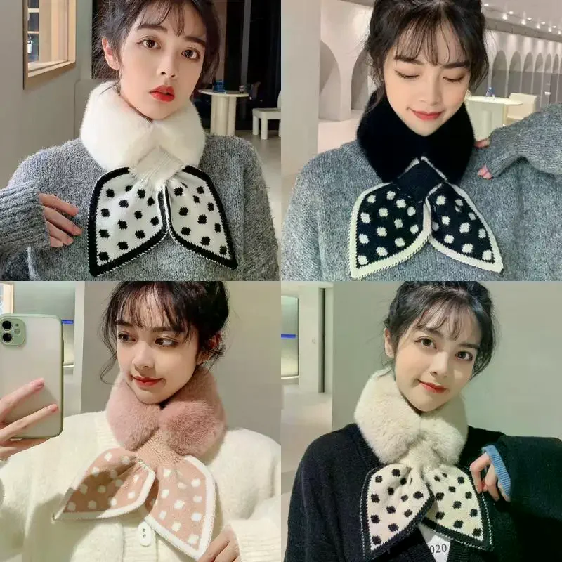 

Women Winter Warm Thicken Cross Collar Neck Warmer Solid Color Faux Rabbit Fur Plush Elegant Knitted Shawl Scarfs